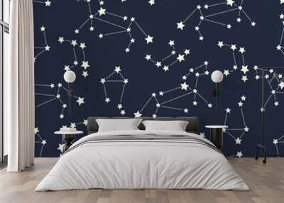 Seamless pattern with constellations of Leo, Libra, raven on space background. Night sky illustration. Wall mural