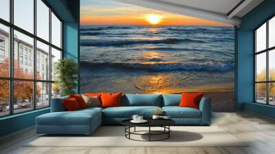 Brilliant sunrise over the waters of lake Huron in Oscoda, Michigan Wall mural