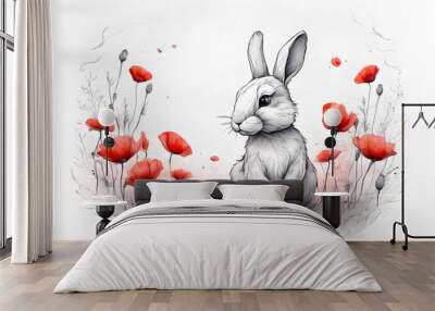 A cute bunny sits in a poppy field Wall mural