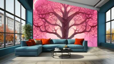 Beautiful pink fantasy tree in bright light, illustration Wall mural