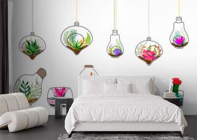 Set of geometric florariums. Geometric terrariums set with plants, succulents and cactus. Scandinavian style home decor. Glass crystal florariums isolated on white background. Wall mural