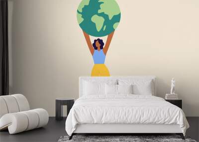 african woman holding globe, earth. earth day concept. earth day vector illustration. saving the pla Wall mural