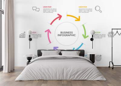 Concept of 6 step circular business process. Infographic arrow design template. Presentation, Project. Vector illustration. Wall mural