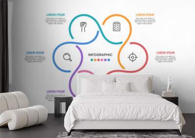 Workflow lines infographic. The pie chart is divided into 6 parts. Vector illustration. Wall mural