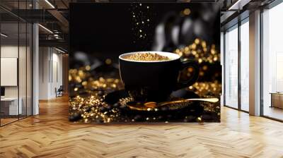 Close up of luxury cup of coffe on black background with lights, sparkles, golden particles, confetti,coffee bean.Banner for coffee shop,cafe restaurant.Cozy Christmas jazz ambience concept.Generative Wall mural