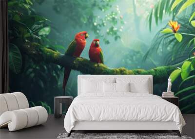 Colorful jungle parrot at tropical deep forest. Illustration with birds.  Generative AI  Wall mural