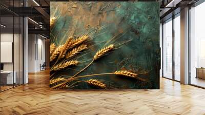 Harvest festival concept. Fall mockup with golden dry wheat, grain, herbs on dark, textured background. Lammas day composition. Autumn Layout with copy space. Generative ai Wall mural