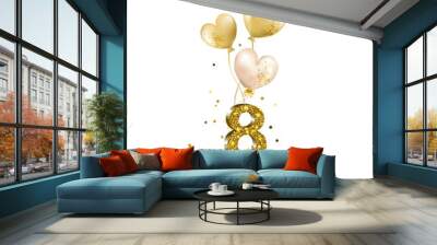 International women's day.Greeting card to the 8 of march. Golden number eight with confetti, sparkles and air balloon. Vector background. Wall mural