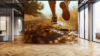 Jogging or cardio. Outdoor fitness. Close up of running fit sportsman, male, in motion. Runner on scenic road with sunset. Hiking. Sport lifestyle concept. Generative ai Wall mural