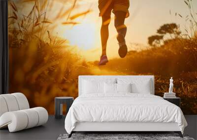 Jogging. Close up of running sport woman, female, fit girl in motion. Runner on scenic road with sunset. Hiking. Outdoor sport, fitness concept. Generative ai Wall mural