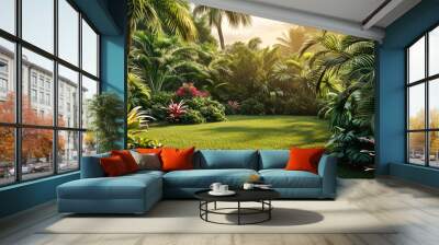 Jungle background. Tropical park or garden with walkway, green exotical plants, palm, branches, flowers. Rain forest wallpaper. Nature landscape. Generative ai. Wall mural