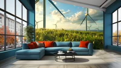 Landscape with wind turbines on green hills. Wind eco friendly power concept. Generating renewable electricity. Wind Farm. Generative ai Wall mural