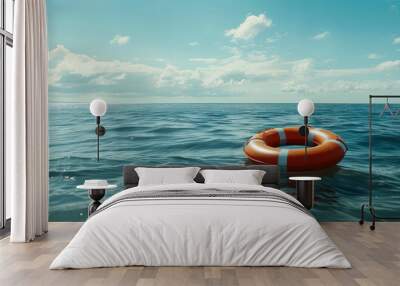 Lifebuoy floating in the sea or ocean. Saving life concept. Summer vacation, journey mockup. Seascape. Generative ai Wall mural