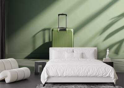 Minimal travel light green mock with suitcase or luggage, shadows effect, copy space. Bags for trip. Vacation leisure concept. Generative ai Wall mural