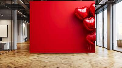 Red heart shaped balloons on a red background. Valentine's Day. Birthday card. Holidays background. Generative AI Wall mural