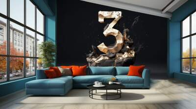 Stone style font.Golden number 3, three, forged from stone. third place.Abstract rock texture with particles, sparkling, exploding with powder elements against black background. Generative ai Wall mural