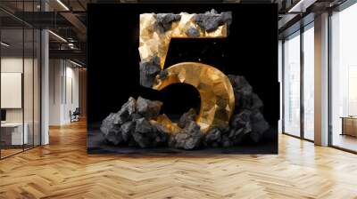 Stone style font.Golden number 5, five, fifth, forged from stone. Anniversary. Abstract rock texture with particles, sparkling, exploding with powder elements against black background. Generative ai Wall mural