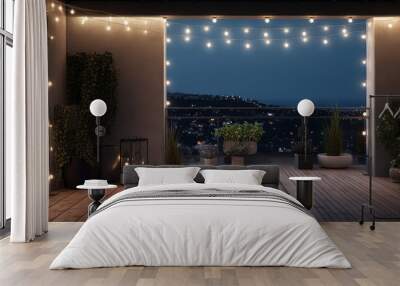 Summer night, evening party on the rooftop of suburban house. Place for rest,party, tea drinking. outdoors vacation concept. Interior design.Generative ai  Wall mural