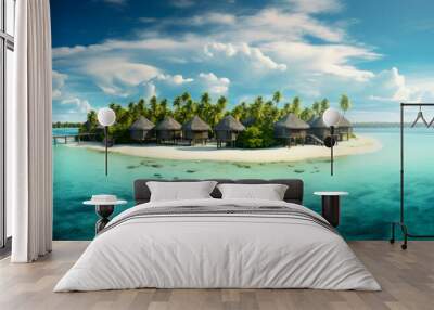 Tropical paradise. Luxury panorama view on Maldives resort on seascape background. Bungalow, villas on beautiful exotic beach on the ocean. Spa, leisure, concept. Honeymoon recreation.Generative ai Wall mural