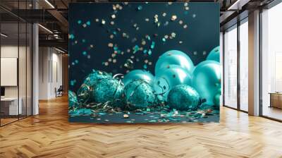 Turquoise balloons background with balloons, confetti, sparkles, lights. Anniversary. Banner for birthday, party, Christmas, New Year, promotion social media cover. Generative Ai Wall mural