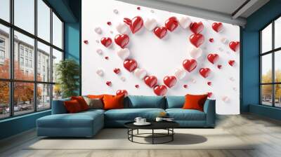 Red and white hearts on white background. 3D rendering. Valentine's Day Wall mural