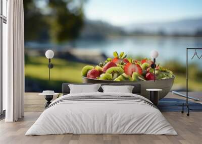 Summer fruit salad with strawberries, kiwi and melon on wooden table Wall mural