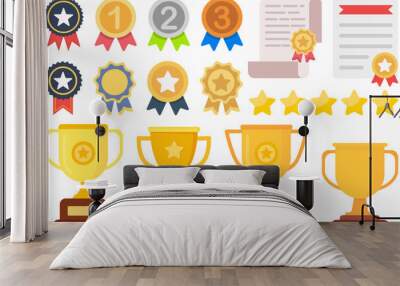 Trophy cup, badge, certificate and award icon collection in a flat design isolated on white background. Wall mural