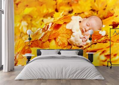 Autumn Baby Sleeping, Newborn Kid Fall Yellow Leaves, New Born Child Wall mural