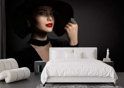 Beautiful Woman in Black Hat, Elegant Lady Beauty Studio Portrait in Black Dress Wall mural