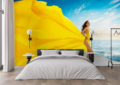 Beautiful Woman in Summer Sexy Dress on Sea Beach, Gown Cloth Waving Fluttering on Wind, Full Length Outdoor Portrait Wall mural