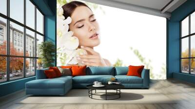 Beauty Skin Care and Face Makeup, Woman Skincare Natural Make Up, Beautiful Model and Orchid Flower, eyes closed Wall mural