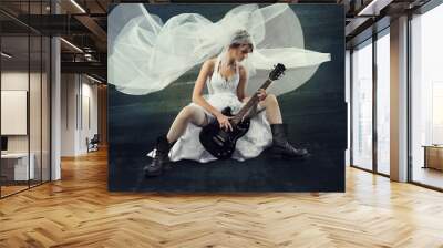 Bride playing rock guitar, wedding funny music Wall mural