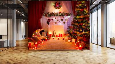 Christmas Room, Lighting Xmas Tree Fireplace Decoration in New Year House Interior Wall mural