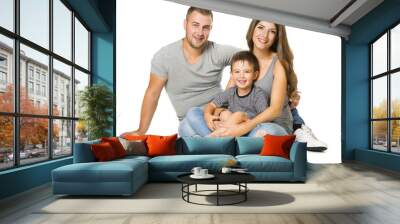 Family over White Background, Three People, Happy Parents with Child, Father Mother and Son, Isolated Wall mural