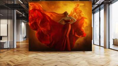 Fashion Model Art Fantasy Fire Dress, Blindfolded Woman Dreams in Red Flying Gown, Girl Beauty Portrait, Fabric Fluttering like Flame Wings Wall mural