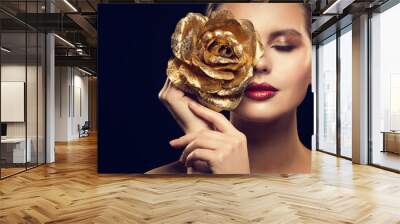 fashion model beauty portrait with gold rose flower, golden woman luxury makeup an rose jewelry Wall mural