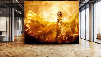 Fashion Model Gold Color Skin, Fantasy Woman Beauty in Artistic Waving Dress, Flying Silk Gown Wall mural