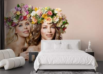 Fashion Models Flowers Wreath in Hairstyle, Two Beautiful Women Beauty Portrait, Rose Flower in Hair Wall mural