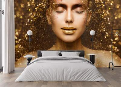 Gold Fashion Makeup, Art Beauty Face and Lips Make Up in Golden Sparkles, Woman Dreams Wall mural