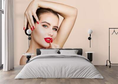 Red Lips and Nails, Woman Beauty Make Up, Red Lipstick. Skin Care Cosmetology. Beautiful Girl Face Makeup Wall mural