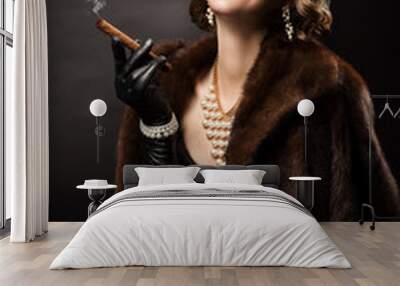 Retro Woman Smoking Cigar, Happy Fashion Model Luxury Beauty Portrait, Beautiful Girl in Fur Coat Pearl Jewelry Wall mural