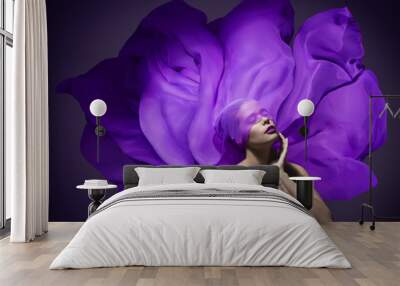 Woman Beauty Face Silk Cloth, Fashion Model Waving Fabric Purple Wall mural