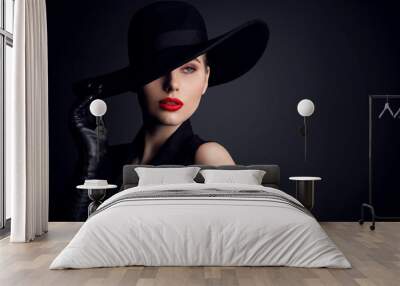 Woman Beauty in Hat, Elegant Fashion Model Retro Style Portrait on Black Wall mural