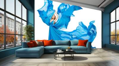 Woman Blue Dress Fluttering as Wave, Waving Silk Cloth, Artistic Fashion Model in color Fabric on White Wall mural