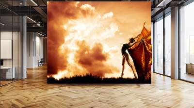 Woman Dance in Wings Costume Flying over Sunset Sky, Beautiful Girl Dancing in Sun Rays over Clouds Landscape Wall mural