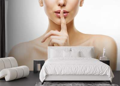 Woman Finger on Mouth, Quiet Lips Silence Sign, Face Beauty and Skin Care Secret Wall mural