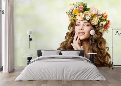 Woman Flower Wreath Hat, Beautiful Fashion Models with Roses Flowers in Hairstyle on Green Background Wall mural