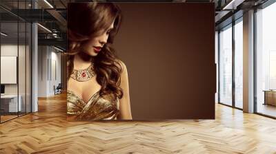 Woman Hairstyle, Beautiful Fashion Model Long Brown Hair Style, Sexy Girl in Elegant Golden Dress Wall mural