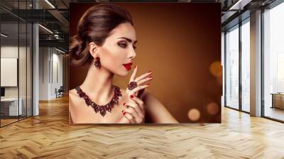 Woman Jewelry, Red Gems Jewelry Necklace Earring and Ring, Fashion Model Beauty Portrait Wall mural