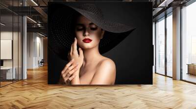 Woman lips and Black Hat, Fashion Model Beauty Portrait, Elegant Lady in Wide Broad Brim Hat Wall mural